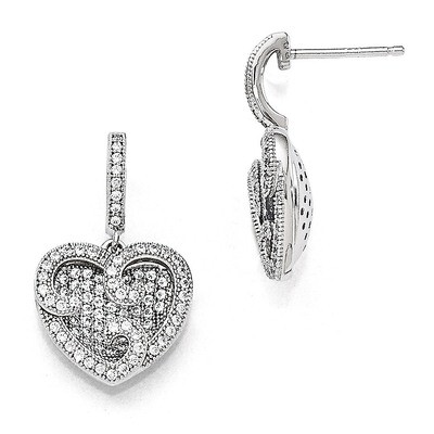 Heart Dangle Post Earrings Sterling Silver &amp; Cubic Zirconia Polished QMP131, MPN: QMP131, 883957041…