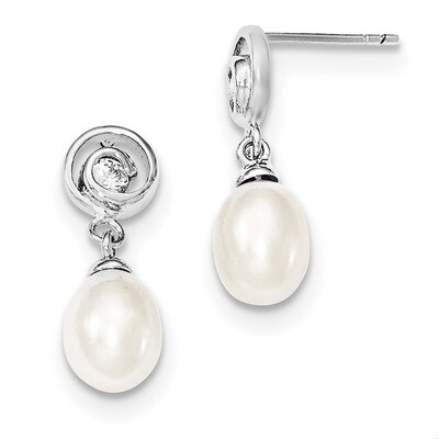 7-8mm White Cultured Freshwater Pearl CZ Diamond Post Dangle Earrings Sterling Silver Rhodium-plate…