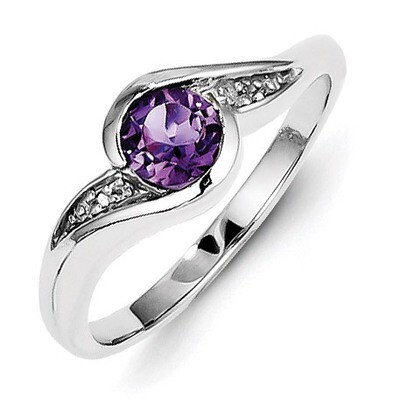 Amethyst Round Ring Sterling Silver Rhodium-plated Diamond QR4635AM, MPN: QR4635AM, 883957482927