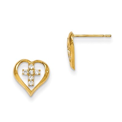 CZ Children&#39;S Heart Cross Post Earrings 14k Gold GK754, MPN: GK754, 191101363092
