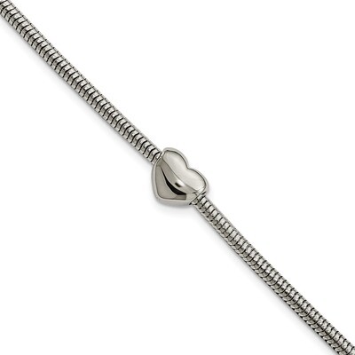 Polished with Heart Snake Chain with 1 Inch ext. Bracelet Stainless Steel SRB2108-6.5