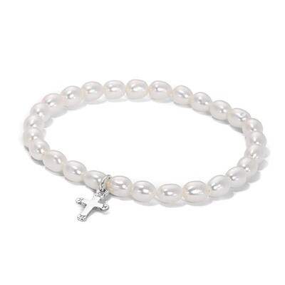 Cross Freshwater Pearl 5 inch Stretch Bracelet with Gift Pouch Sterling Silver GM18013, MPN: GM1801…
