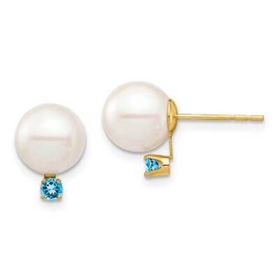 8-8.5mm White Round Freshwater Cultured Pearl Swiss Blue Topaz Post Earrings 14k Gold XF754E_BT, MP…