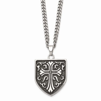 Cross Shield Pendant Necklace Stainless Steel Antiqued SRN873-24 by Chisel, MPN: SRN873-24, 1911013…