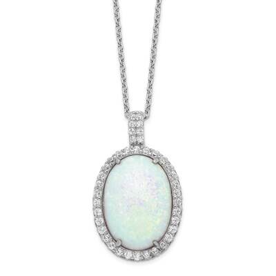 Created Opal &amp; CZ Diamond Oval Pendant 18 Inch Necklace Sterling Silver Rhodium Plated QCM935-18, M…