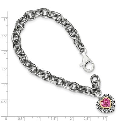 Created Pink Sapphire Heart Charm Bracelet Sterling Silver &amp; 14k Gold QTC1523, MPN: QTC1523, 886774…