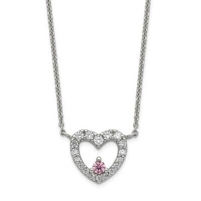 Heart with Pink CZ Diamond Necklace Sterling Silver CZ QG5393-18, MPN: QG5393-18, 886774081496