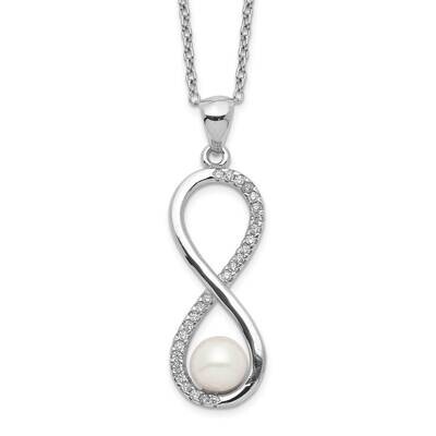 5-6mm Round Cultured Freshwater Pearl CZ Diamond Infinity Necklace Sterling Silver Rhodium-plated Q…