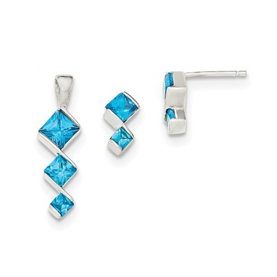 Blue Topaz Pendant and Post Earrings Set Sterling Silver Polished QST252, MPN: QST252, 191101844126