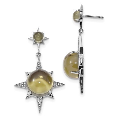 Brown Glass &amp; CZ Diamond Sunburst Post Earrings Sterling Silver Rhodium-plated QE14012, MPN: QE1401…
