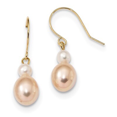 7-8mm White/Pink Round/Rice Fresh WaterC Pearl Dangle Earrings 14k Gold XF679E, MPN: XF679E, 191101…