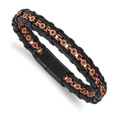 Polished Rose Ip-Plated Leather 8.5 Inch Bracelet Stainless Steel Antiqued SRB3015-8.5, MPN: SRB301…