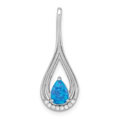 Blue Created Opal &amp; CZ Diamond Pendant Sterling Silver Rhodium-Plated Polished QP5671, MPN: QP5671,
