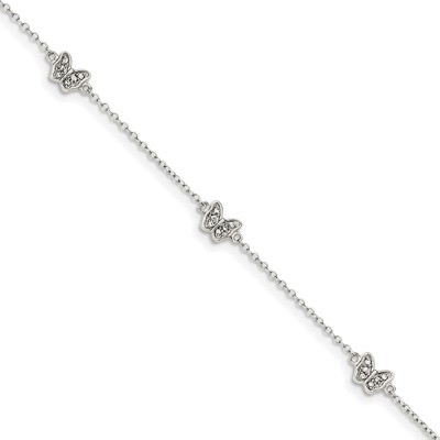 CZ Diamond Butterfly with 1 inch Extender Bracelet 6 Inch Sterling Silver Polished QG4098-6, MPN: Q…
