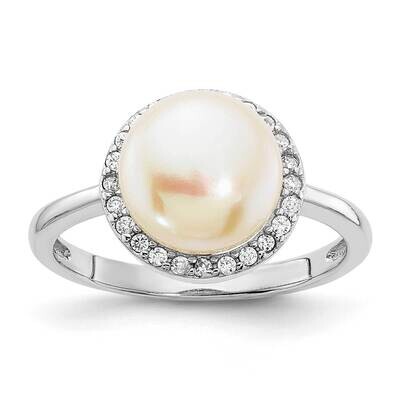 CZ Diamond 9-10mm Button White Cultured Freshwater Pearl Ring Sterling Silver Rhodium-plated QR7319…
