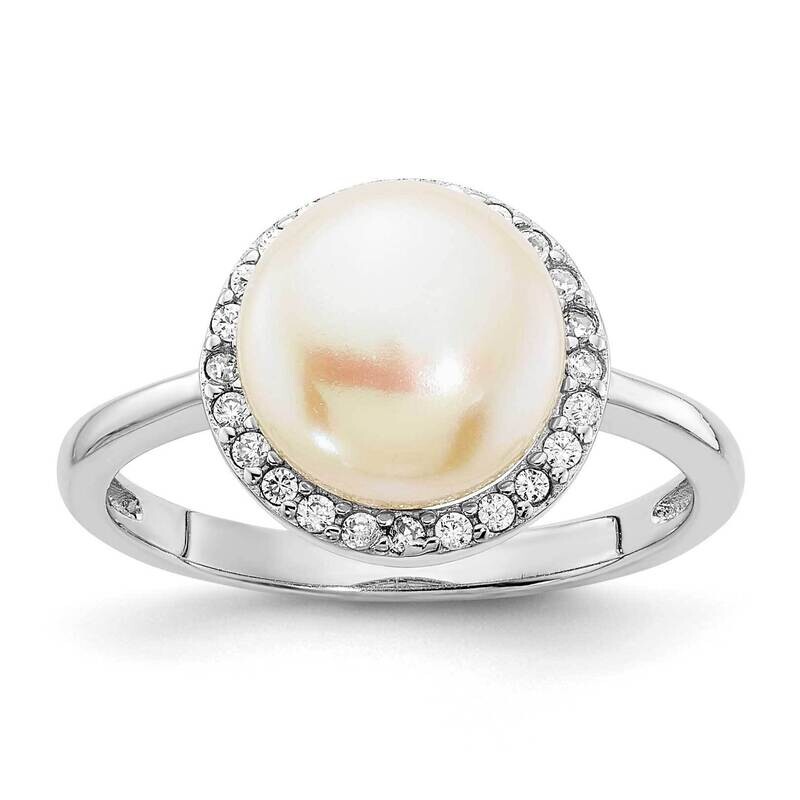 CZ Diamond 9-10mm Button White Cultured Freshwater Pearl Ring Sterling Silver Rhodium-plated QR7319-6
