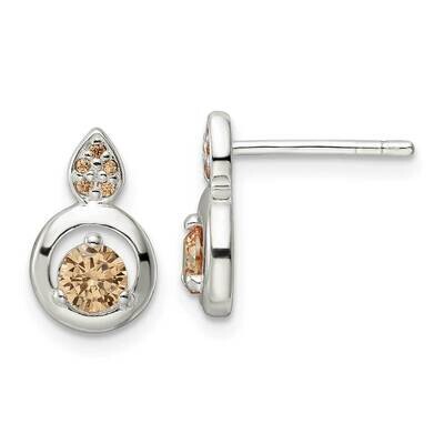 Champagne CZ Diamond Circle Dangle Post Earrings Sterling Silver Polished QE16158, MPN: QE16158, 19…