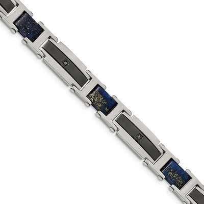 Black IP with Genuine Lapis &amp; Black CZ 8.75 Inch Bracelet Stainless Steel Polished SRB2170-8.75 by …