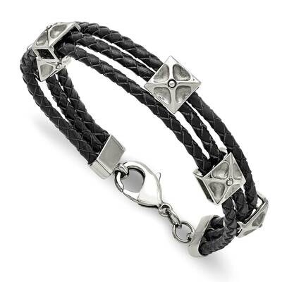Leather Bracelet Stainless Steel Polished SRB1591-8.5 by Chisel, MPN: SRB1591-8.5, 191101391576