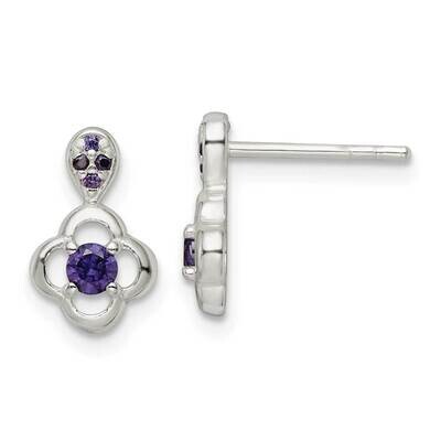 Purple CZ Diamond Flower Post Dangle Earrings Sterling Silver Polished QE15692, MPN: QE15692, 19690…