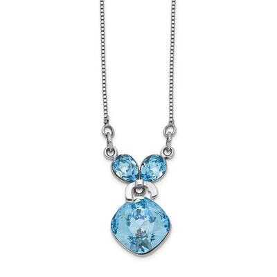 Blue Crystal Bow with Dangle with 2 inch Extender Necklace Sterling Silver Rhodium-plated QG5544-16…