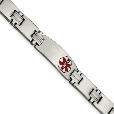 Stainless Steel Polished/Brushed Red Enamel 8.25 Inch Medical Bracelet Stainless Steel Polished SRB…