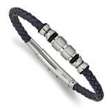 Polished Black Ip Rubber Blue Leather Adjustable Bracelet Stainless Steel Brushed SRB2420, MPN: SRB…