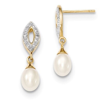 Diamond and 7x5mm Egg Cultured Pearl Post Dangle Earrings 14k Gold XE2496AA, MPN: XE2496AA, 8839574…