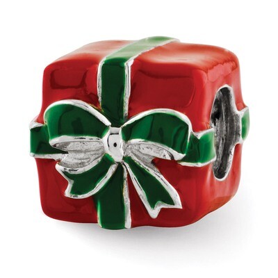 Green &amp; Red Enameled Present Bead - Sterling Silver QRS2950, MPN: QRS2950, 886774991627