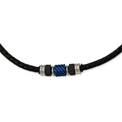 Black IP Blue IP Black Rubber Black Leather Necklace Stainless Steel Brushed Polished SRN2074-20 by…