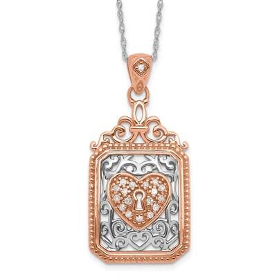 10k Gold Two Tone Polished Filigree Diamond Heart Lock Necklace PXD2844-0RS43