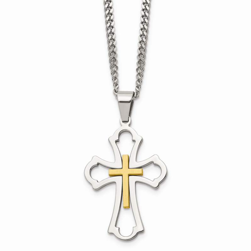 Yellow IP-plated Cross Brushed/Polished Necklace Stainless Steel SRN1586-22 by Chisel, MPN: SRN1586…