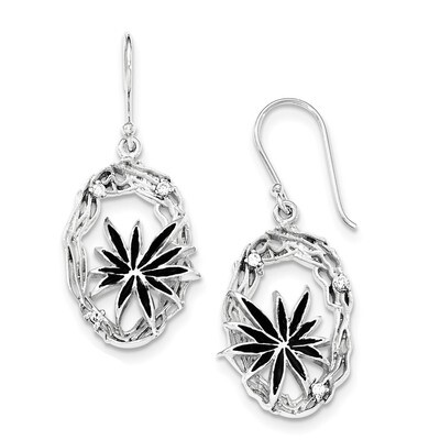 Polished And Satin Black Enamel CZ Shepherd Hook Earrings Sterling Silver QE12526