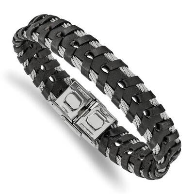 Braided Black Leather and Wire 8.25 Inch Bracelet Stainless Steel Polished SRB2431-8.25, MPN: SRB24…