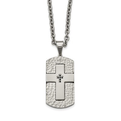 Stainless Steel Polished/Satin Hammered Black CZ Cross Dogtag Necklace Stainless Steel Polished SRN…