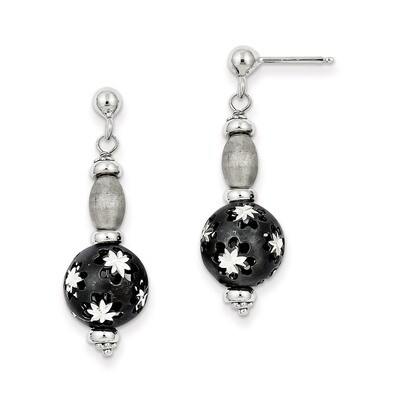 Black Rhodium and Diamond-cut Bead Post Dangle Earrings Sterling Silver QE10934