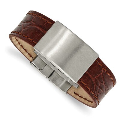 Medium Brown Leather ID Bracelet Stainless Steel Brushed SRB2007-8.5 by Chisel, MPN: SRB2007-8.5, 1…