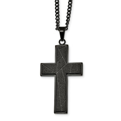 Black IP-plated Laser cut 24 Inch Cross Necklace Stainless Steel Polished SRN2455-24 by Chisel, MPN…
