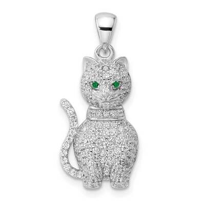 Green &amp; White CZ Diamond Cat Pendant Sterling Silver Rhodium-Plated Polished QP5655, MPN: QP5655,
