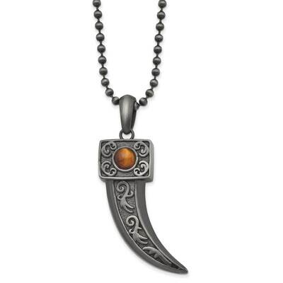 Antiqued White Bronze Plated with Tiger&#39;s Eye Horn Necklace Stainless Steel SRN2956-22 by Chisel, M…