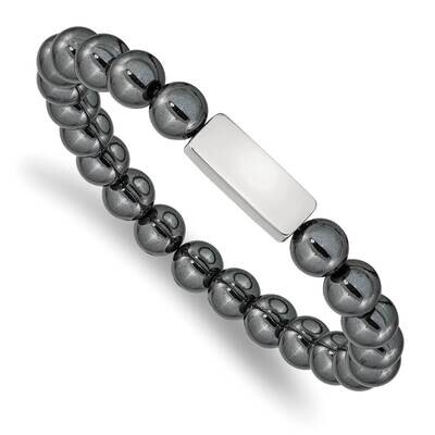 Id Plate Hematite Bead Stretch Bracelet Stainless Steel Polished SRB2540, MPN: SRB2540, 191101860805