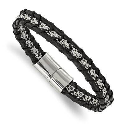 Flower Link Black Leather 8.25 Inch Bracelet Stainless Steel Polished SRB3011-8.25, MPN: SRB3011-8.…