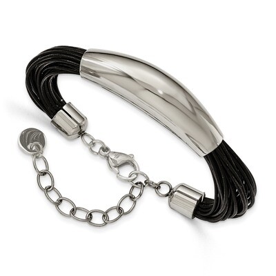 Polished Faux Leather Cords 2.5 Inch ext. Bracelet Stainless Steel SRB2126-7.5