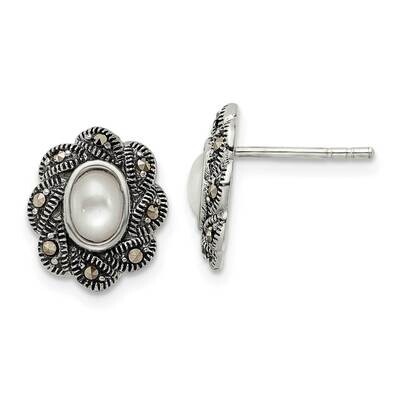 Marcasite &amp; Mop Post Earrings Sterling Silver Antiqued QE15709, MPN: QE15709, 196904153246
