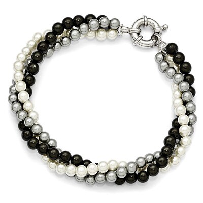 3 Row 4-5Mm White/Grey/Black Shell Bead Bracelet Sterling Silver QMJB340WGB-7.5, MPN: QMJB340WGB-7.…