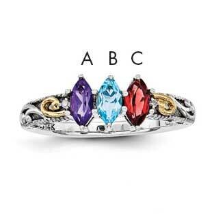 Three-Stone and Diamond Mother&#39;s Ring Sterling Silver &amp; 14k Gold QMR22/3SY-5, MPN: QMR22_3--6,