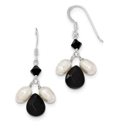 Onyx Cultured White Pearl Black Crystal Earrings Sterling Silver QE5466, MPN: QE5466, 191101189319