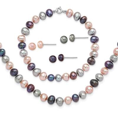 6-7mm Bla/Pi/G Cultured Freshwater Pearl Necklace 7.25 Brace &amp; 3Pc Ear Sterling Silver Rhodium-plat…