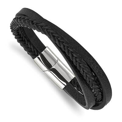 Black Leather Multi-Strand 8.25 Inch Bracelet Stainless Steel Polished SRB2828-8.25, MPN: SRB2828-8…