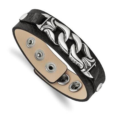 Black Leather Antiqued Chain 8.5 Inch Bracelet Stainless Steel SRB1031-8.5 by Chisel, MPN: SRB1031-…